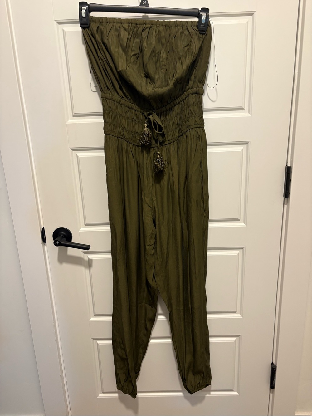 Bluivy Olive Strapless Smocked Jumpsuit with Tassel Drawstring
